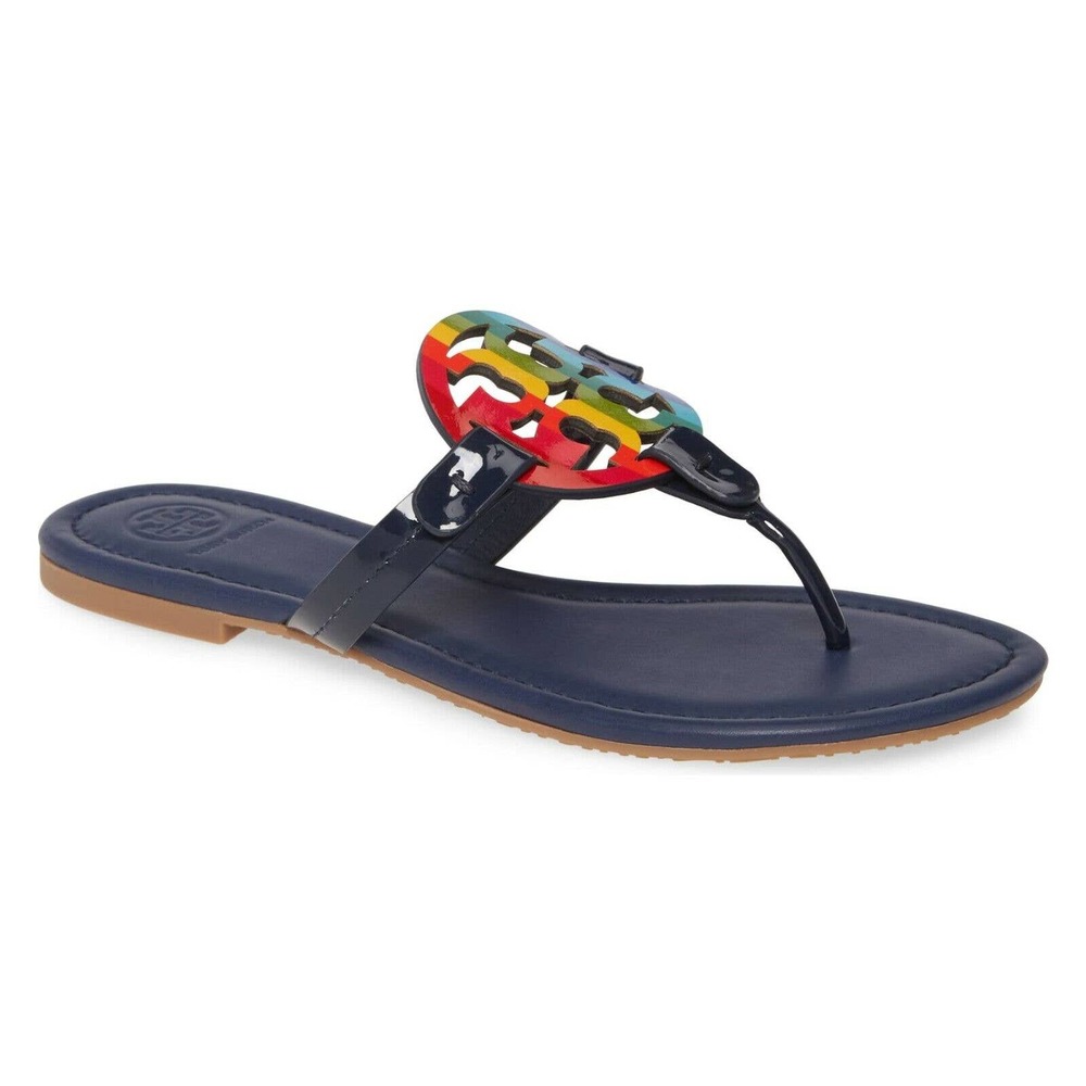 TORY BURCH MILLER ROYAL NAVY RAINBOW REVA LEATHER FLATS THONG SLIDES SANDALS 7 - Picture 6 of 12
